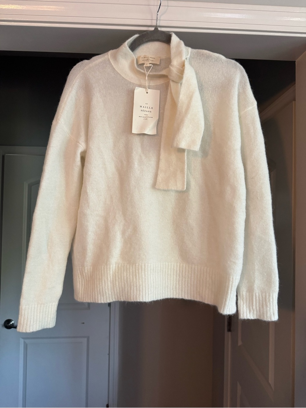 Sézane Zaria La Maille Ivory Mohair Knit Tie Neck Crew Pullover Sweater S NWT